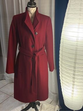 Anne Klein Women’s Red Wool Belted Mid Length Coat